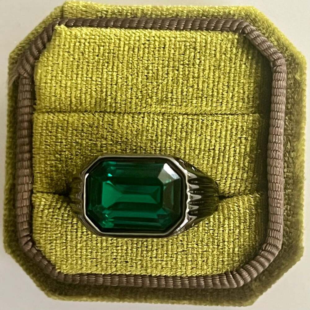 Signet-Style Titanium Steel Ring with Large Emerald Cut Green Gemstone Size 10